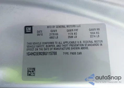 2011 Buick Lucerne Cxl z USA, uszkodzony, nr VIN 1G4HC5EM2BU115788